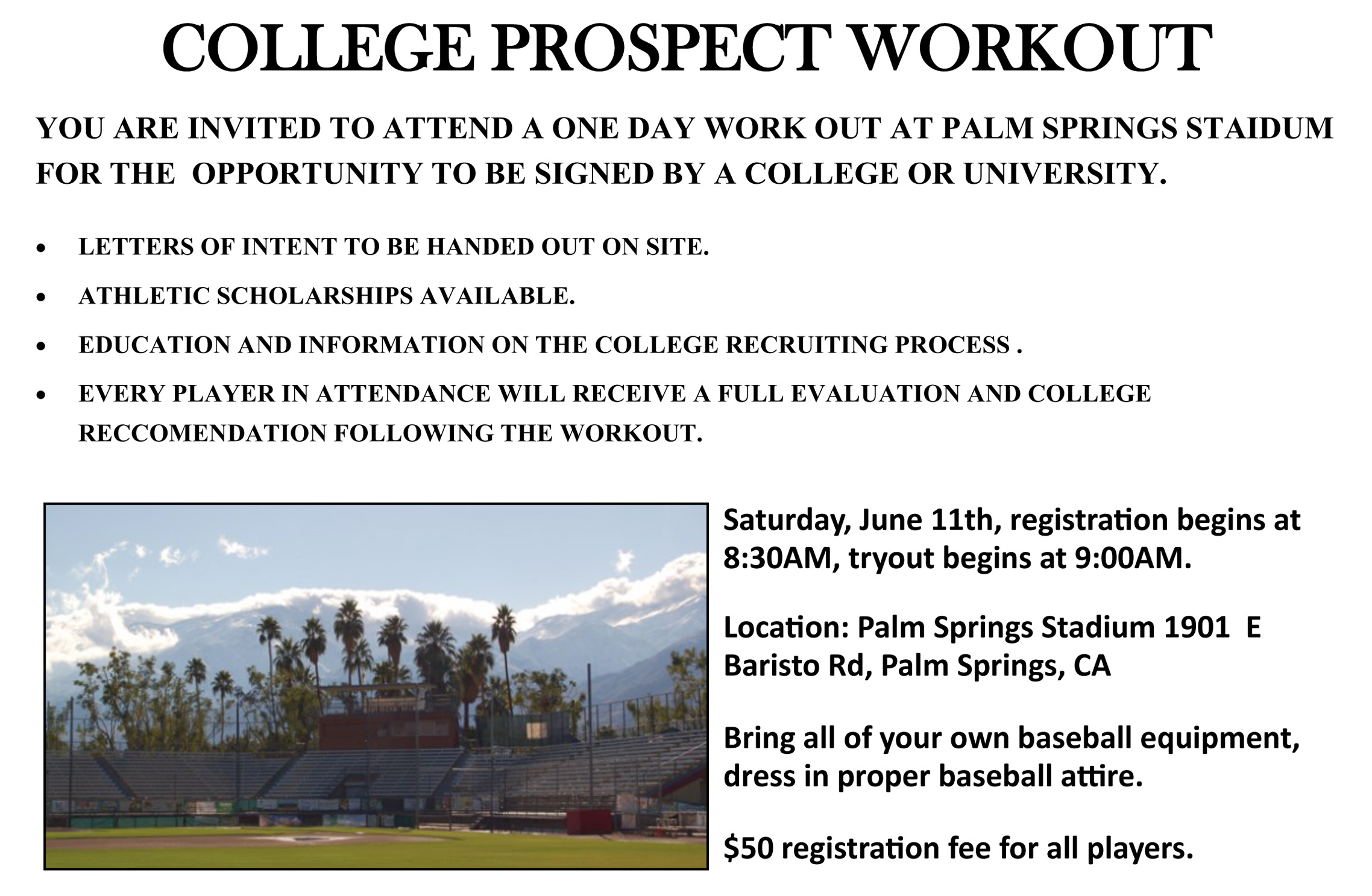 College Baseball Prospect Workout to be Held in Palm Springs